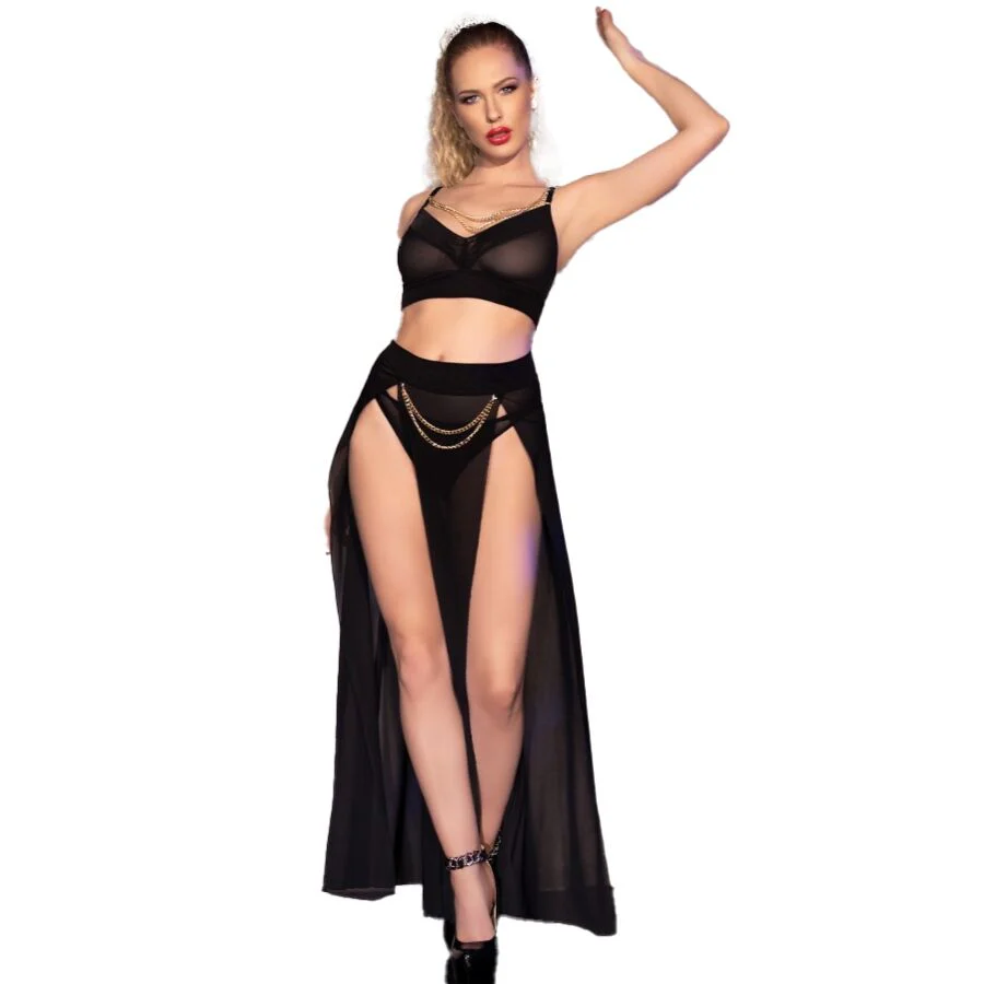 CHILIROSE - CR 4672 TOP NEGRO FALDA Y TANGA CON CADENAS DORADAS S - Image 21