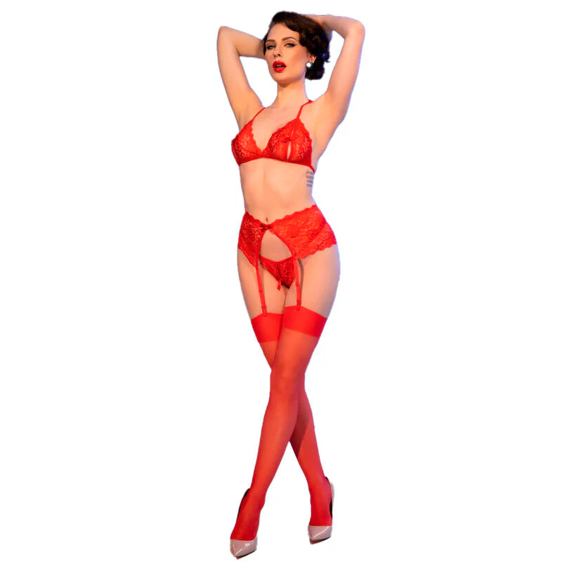 CHILIROSE - CR 4848 SET SUJETADOR + TANGA + MEDIAS DE ENCAJE ROJO S - Image 44