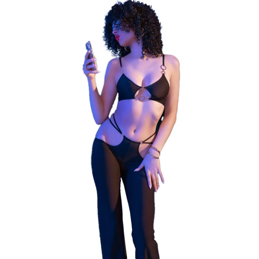 CHILIROSE - CR 4851 SET TOP NEGRO Y LEGGINS CON COMPLEMENTOS DORADOS - Image 34