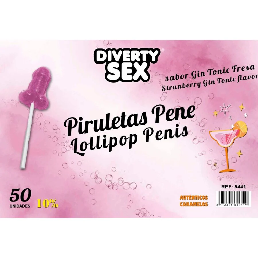 DIABLO GOLOSO - 50 PIRULITOS DE PÊNIS GIN TÔNICA SABOR MORANGO 10% ÁLCOOL