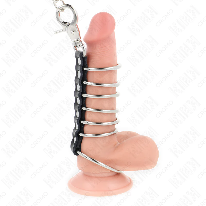 KINK - 7 ANÉIS DE METAL DE 3,8 CM A 5 CM CONECTADOS COM COURO E CORRENTE DE METAL 100 CM - Image 2