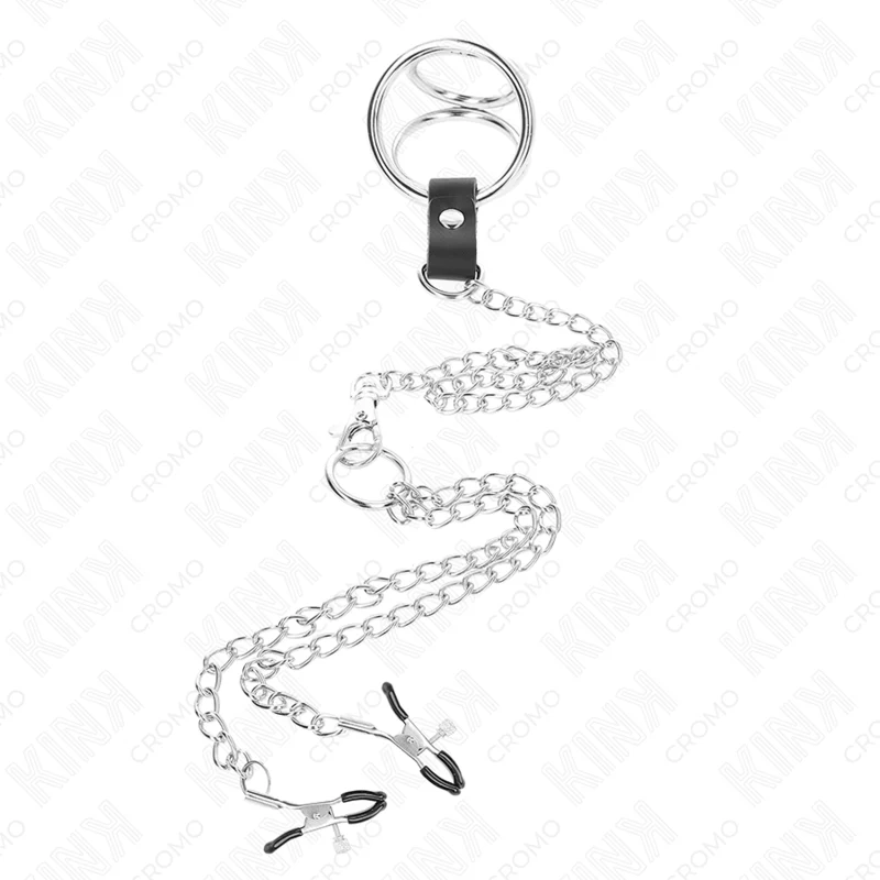 KINK - ANEL DE PÊNIS TRIPLO DE METAL CROMADO DE 3,8 CM A 5 CM COM CORRENTE DE METAL DE 26 CM E GRAMPOS DE MAMILOS MODELO 1 - Image 3