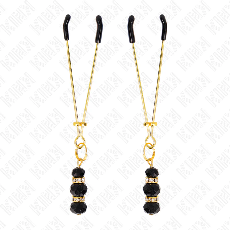 KINK - PINÇAS FINAS DOURADAS COM 3 CONTAS DE VIDRO PRETAS 7 CM - Image 2