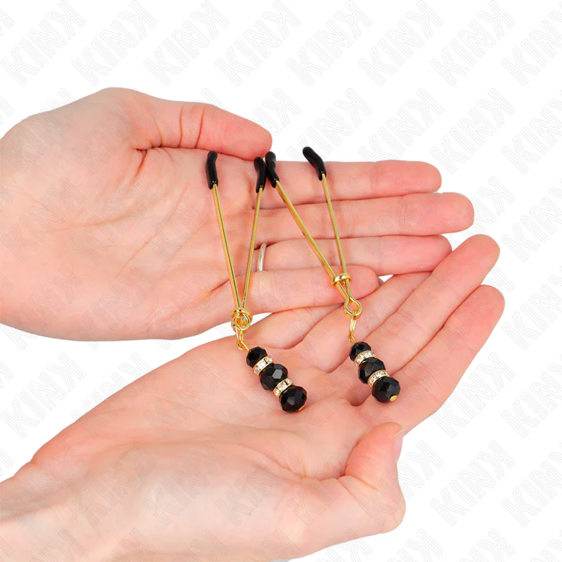 KINK - PINÇAS FINAS DOURADAS COM 3 CONTAS DE VIDRO PRETAS 7 CM - Image 3