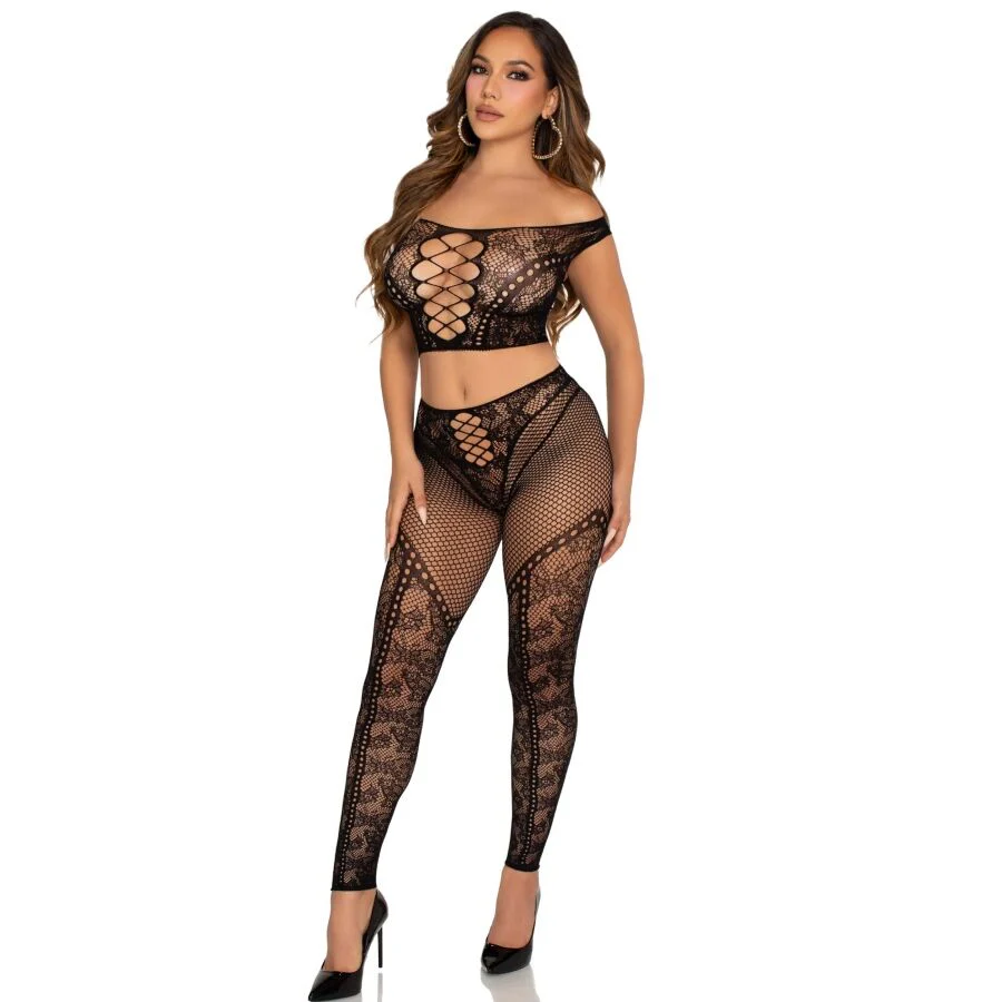 LEG AVENUE - TOP CROP E LEGGING DE REDE COM OMBROS À FRENTE PRETO - Image 2