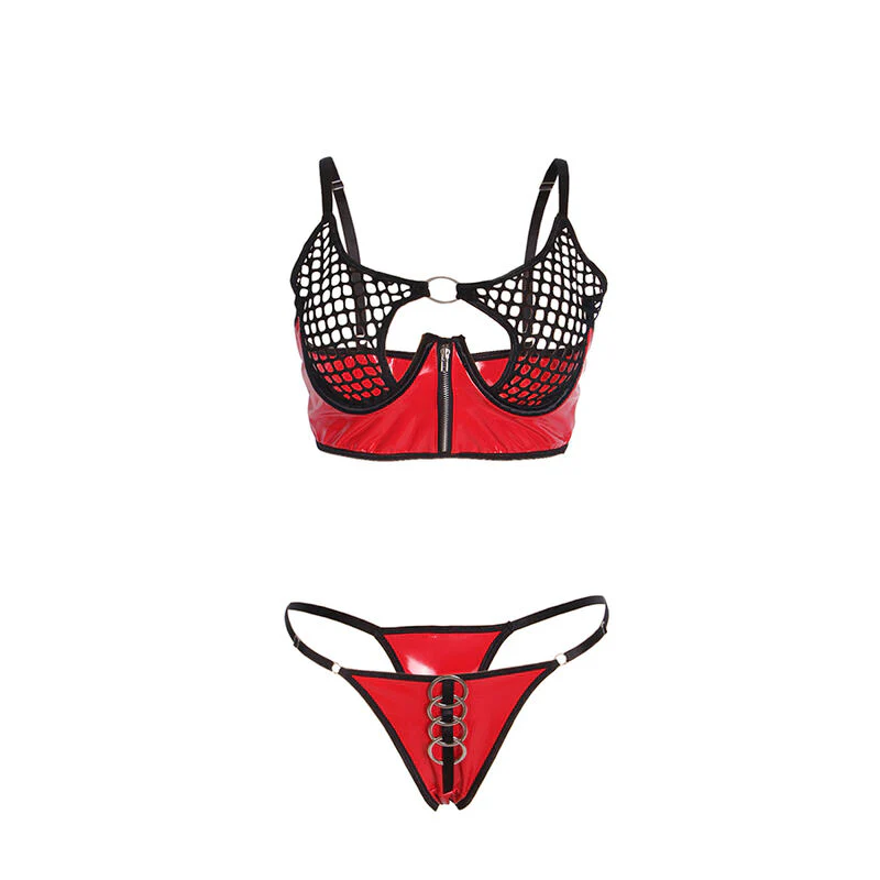 SUBBLIME - 955533 CONJUNTO DE SUTIÃ DE COURO VERMELHO COM ZÍPER DE MALHA S/M - Image 4