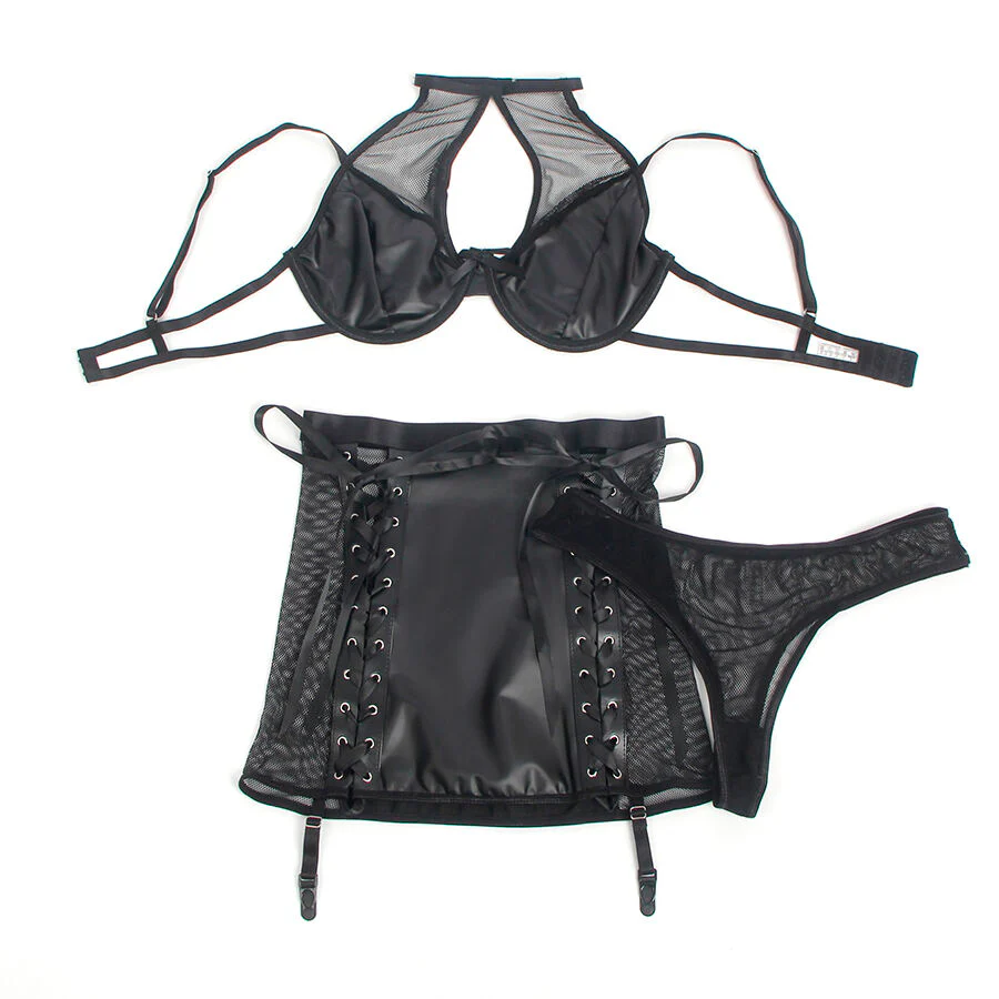 SUBBLIME - 957582 CONJUNTO DE SUTIÃ E SAIA DE COURO PRETO S/M - Image 15