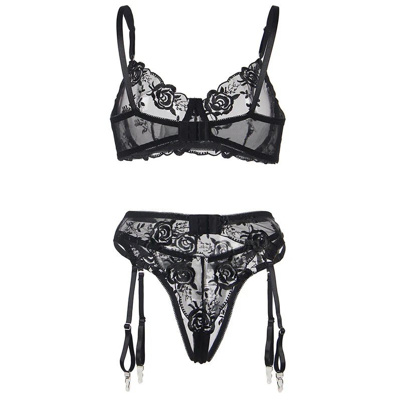 SUBBLIME - SET DE 3 PIEZAS SUJETADOR + TANGA + LIGA ESTAMPADO FLORAL NEGRO S/M - Image 11