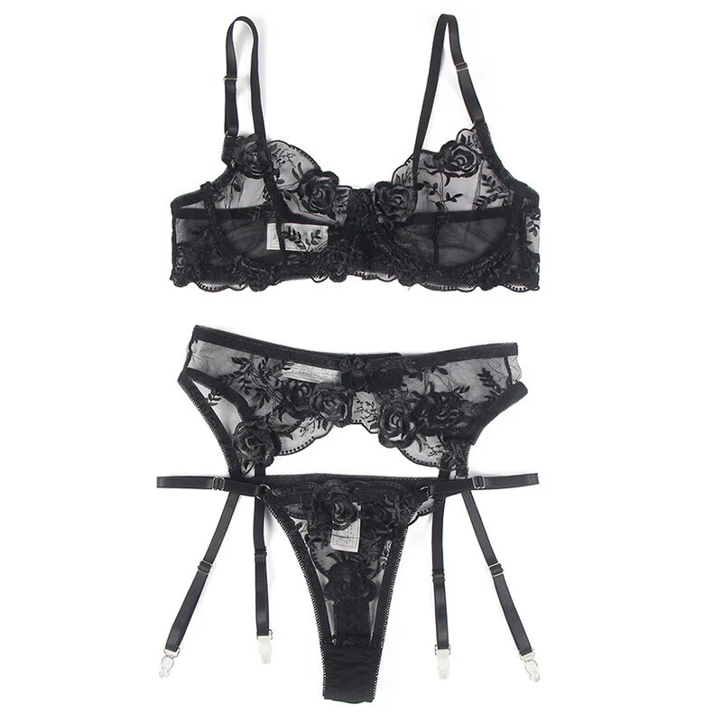 SUBBLIME - SET DE 3 PIEZAS SUJETADOR + TANGA + LIGA ESTAMPADO FLORAL NEGRO S/M - Image 14