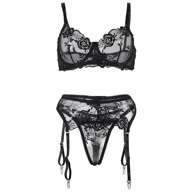 SUBBLIME - SET DE 3 PIEZAS SUJETADOR + TANGA + LIGA ESTAMPADO FLORAL NEGRO S/M - Image 36